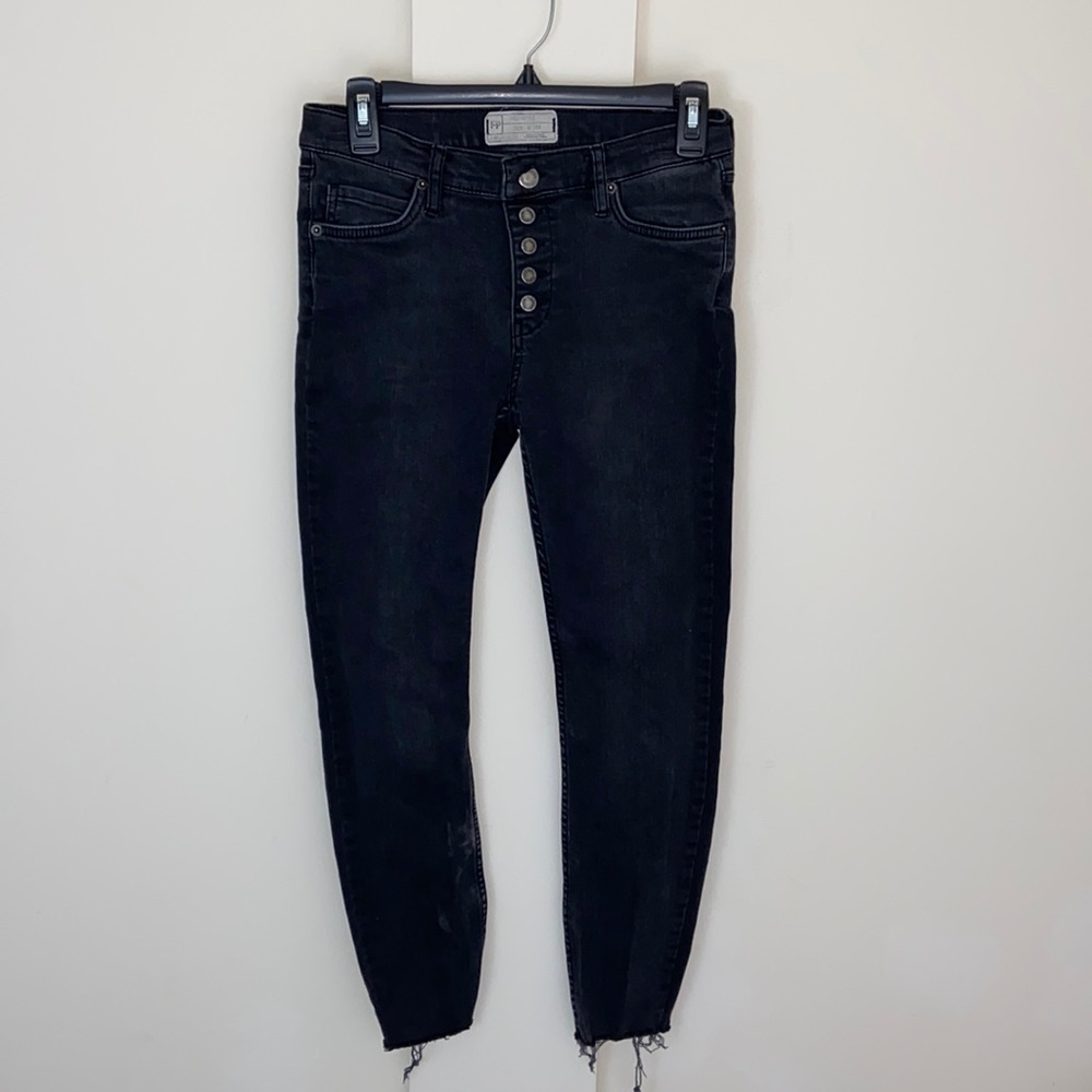 Free People Button Fly High Waisted Dark Gray Wash Skinny Jeans
